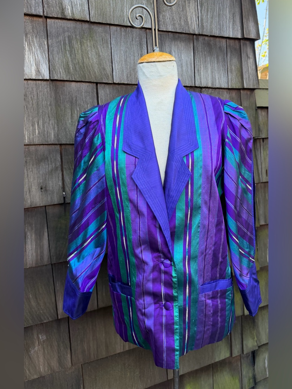 Vintage 80s glam silk blazer jacket green purples striped Sz M/L. Split sleeves